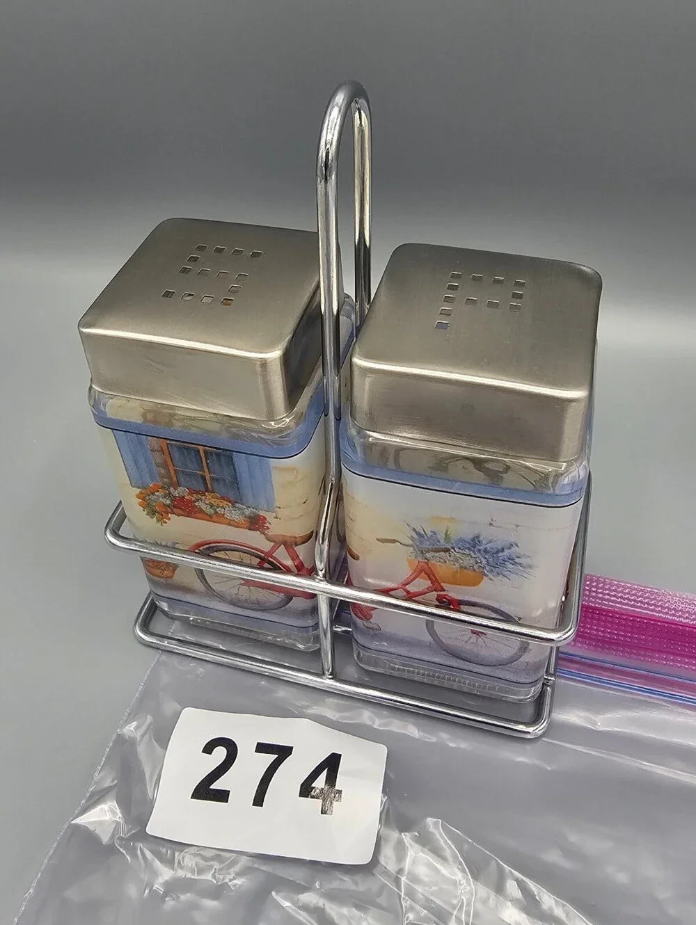 Vintage Bicycle Themed Salt and Pepper Shakers with Metal Stand